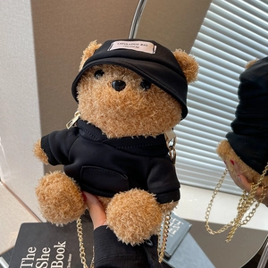 Cute teddy bear plush crossbody bag in brown faux fur with black hoodie and gold chain
