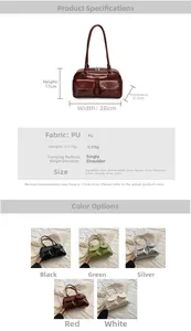 Detailed size specifications and five color options for this PU leather tote shoulder bag