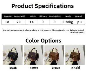 Detailed size specifications and multi-color display of the PU leather square handbag
