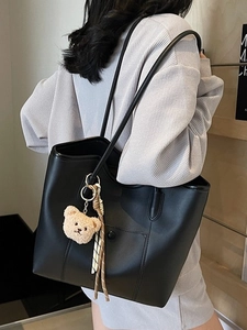 Classic black large capacity faux leather tote bag with cute plush bear charm for women