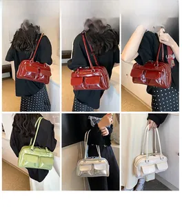 Collage of glossy patent leather tote bags in burgundy, green, silver, and cream colors