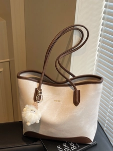 Borsa Tote in Pelle PU di Grande Capacità da Donna Borsa a Tracolla Minimalista Bicolore Con Ciondolo in Peluche