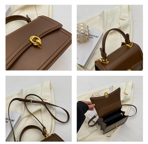 Detailed views of brown leather bag showing gold hardware lock and internal storage