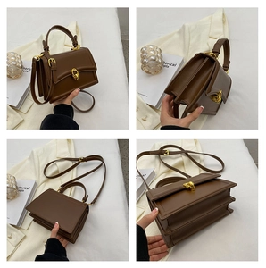 Four views of a brown crossbody bag with multi-compartments and a golden twist lock buckle