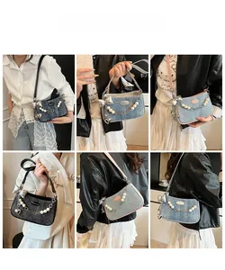 Various denim hobo bags featuring heart charms and pearl chains in stylish color options