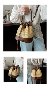 Detail of straw bucket bag with dark brown leather trim and drawstring closure