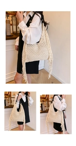 Detail of cream crochet tote bag with long tassels and adjustable black leather strap