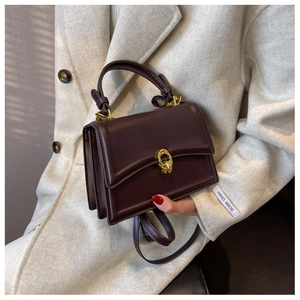 Detail of dark brown leather handbag with gold twist lock and accordion side folds