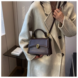 Detail of dark brown leather square handbag with gold horsebit buckle and long shoulder strap