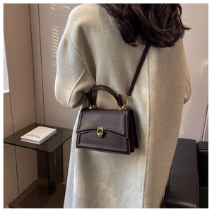 Model wearing a dark brown crossbody bag with gold buckle and adjustable strap