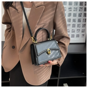 Close-up of black leather crossbody bag with gold twist lock and accordion side details