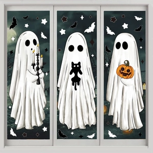 Halloween window clings set featuring ghosts, black cat, and pumpkin on glass panels