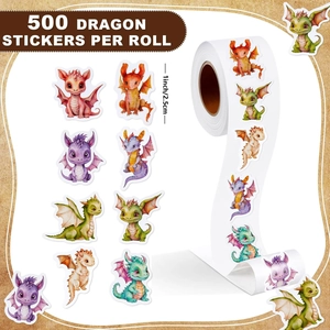 500-count roll of colorful cartoon dragon reward stickers with cute 1-inch round designs