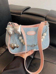 Women Fashion Denim Shoulder Bag With Artificial Pearl Chain Heart Bow Charm Sweet Style Crossbody Handbag For Daily Casual Outing