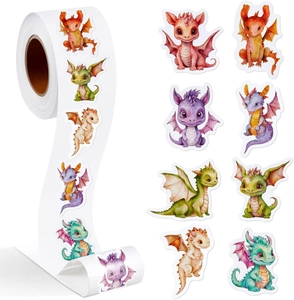 Macro view of 500 pieces cartoon dragon reward stickers roll for kids and party favors