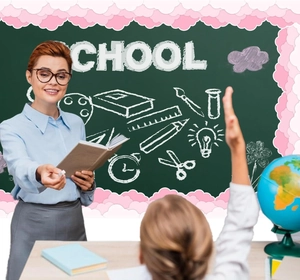 Classroom scene featuring pink cloud decorative border on a blackboard with a teacher