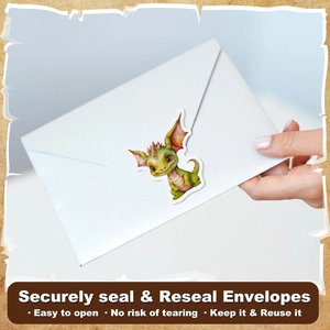 Cute cartoon green dragon reward seal stickers on white envelope with easy-to-open feature