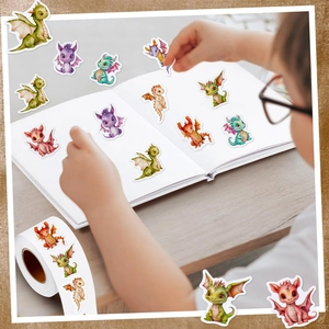 Detailed view of child placing cute watercolor dinosaur stickers on a notebook