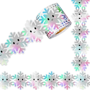 Holographic snowflake bulletin board borders with cute smiley faces for winter holiday decor