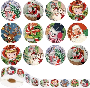 Détail d'autocollants de Noël vintage ronds avec Père Noël, renne et bonhomme de neige