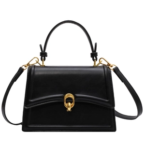 Classic black leather square handbag with gold hardware and top handle shown on white background