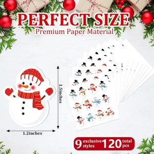 Detail showing 9 styles of 120pcs snowman Christmas stickers in 1.5x1.2 inch premium paper