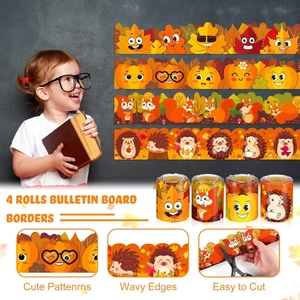 4 rolls of autumn classroom bulletin board borders with pumpkin and animal patterns