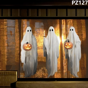 Halloween Window Clings Horror White Ghost With Pumpkin Lantern Pattern Static Cling Window Decals For Party Home Decoration