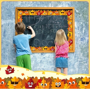 Autumn themed classroom border stickers featuring colorful cartoon maple leaves and kids