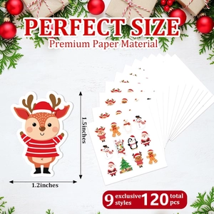 Detail showing 120pcs of Christmas stickers with Santa, deer, and snowman patterns