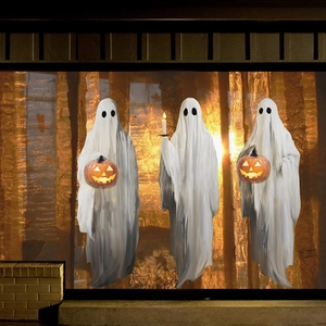 Three spooky white ghosts with glowing pumpkins and candle in a twilight forest setting