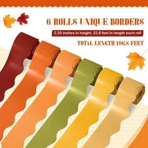 6 rolls of scalloped autumn bulletin board borders in red orange and yellow colors