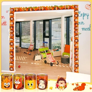 Detail of four fall-themed bulletin board borders with cartoon pumpkin, fox and hedgehog