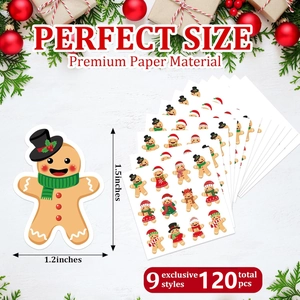 Detail showing 120pcs gingerbread man Christmas stickers on a white wood background