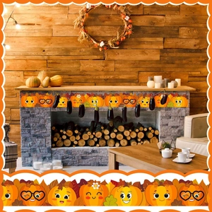 Close-up of cute cartoon pumpkin banners for autumn classroom and Thanksgiving wall decor