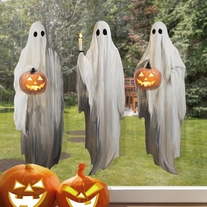 Halloween ghost window clings set with glowing pumpkin lanterns and candles decor