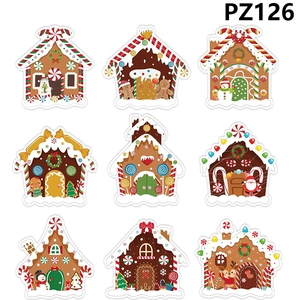 Set of 9 colorful gingerbread house Christmas stickers with festive holiday characters