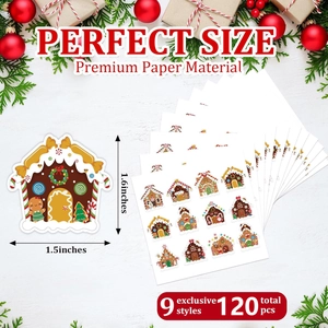 Detail of gingerbread house stickers with dimensions 1.5x1.6 inches and premium paper texture