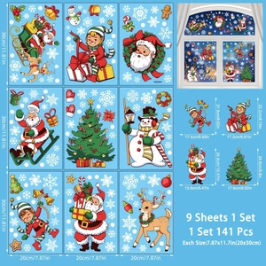 9 sheets of double-sided Christmas window clings featuring Santa Claus and snowman motifs