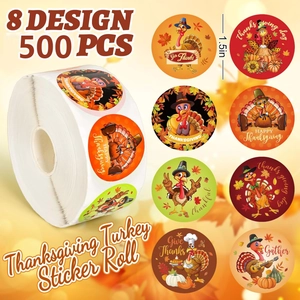Rouleau de 500 autocollants de dinde de Thanksgiving avec 8 motifs pour l'automne