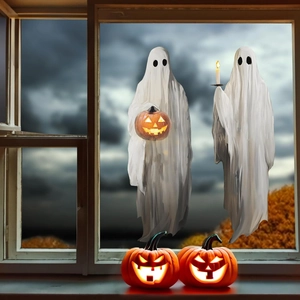 Macro detail of spooky white ghost window decals with pumpkin lanterns on glass
