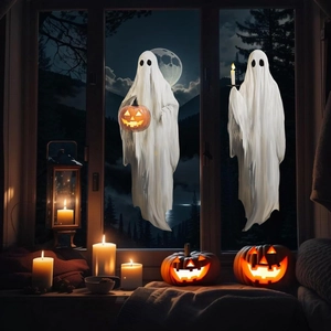 Ghost window clings with pumpkin lantern and candle set against a moonlit night