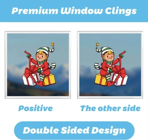 Detailed double-sided view of festive Christmas elf window cling on glass background