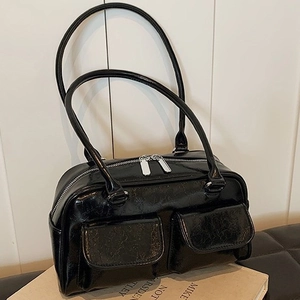 Minimalist black oil-wax leather underarm tote bag with double pockets and silver zippers