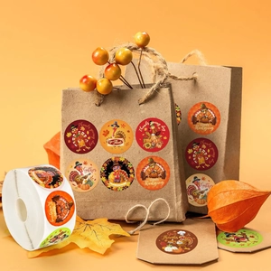 Rouleau de 500 autocollants de dinde de Thanksgiving avec motifs d'automne colorés