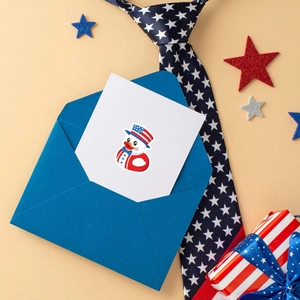 Patriotic snowman stickers with stars and stripes hat on greeting card and envelope