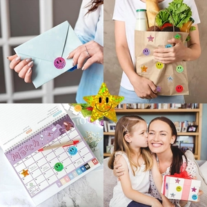 Close-up of colorful glitter star and smiley face stickers used for planners and gift wraps