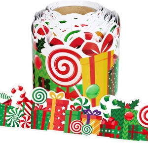 Detail view of Christmas bulletin board border with candy canes and gift box patterns