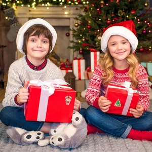 Festive scene featuring knit Christmas sweaters with reindeer and snowflake patterns