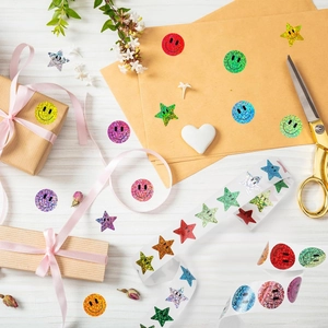 Colorful glitter smiley star and round foil stickers set for student rewards and DIY gifts
